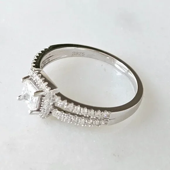 Princess Cut Halo Ring -  925 Sterling Silver Engagement / Promise - Picture 4 of 5